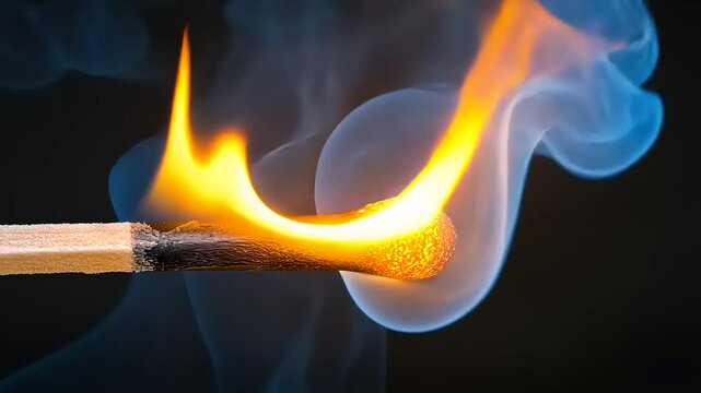 Close-up of a matchstick igniting with vibrant flames and smoke against a dark background