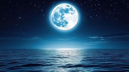 Full moon over a calm sea with a bright light strip on the water.