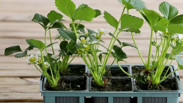 Barquette pos&eacute;e sur une table en bois avec six petits plants de fraisiers en fleurs pr&ecirc;t &agrave; &ecirc;tre planter. Sc&egrave;ne printani&egrave;re. Les feuilles et les fleurs sont secou&eacute;es par le vent.