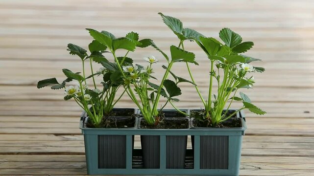 Barquette pos&eacute;e sur une table en bois avec six petits plants de fraisiers en fleurs pr&ecirc;t &agrave; &ecirc;tre planter. Sc&egrave;ne printani&egrave;re. Les feuilles et les fleurs sont secou&eacute;es par le vent.