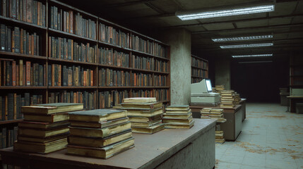Obraz premium Abandoned Library - Dusty Books and Empty Spaces