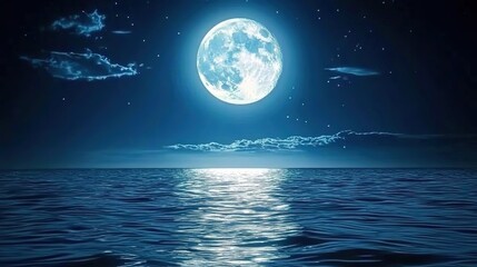 Full moon over a calm sea with a bright light strip on the water.
