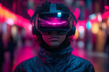 a gamer in a neon lit room, fully immersed in a VR experience