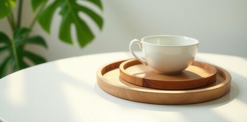 Minimal wooden round trays on white glossy table, sunlight & leaf shadows , round, cosmetic, beige