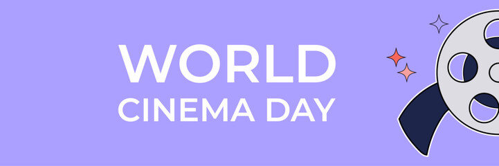 World Cinema Day banner. Film reel movie 2000s element on purple background.
