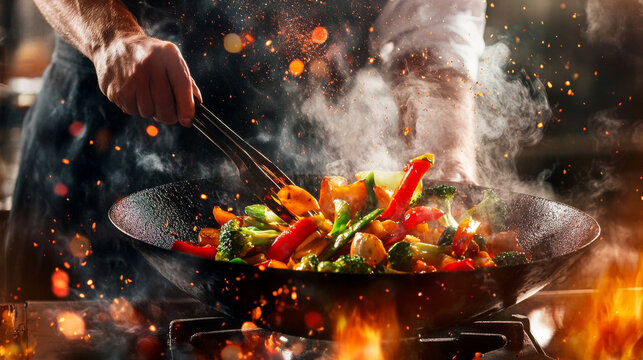 Chef skillfully tossing colorful vegetables in sizzling wok, creating vibrant display of culinary artistry. flames and steam add exciting atmosphere to cooking process