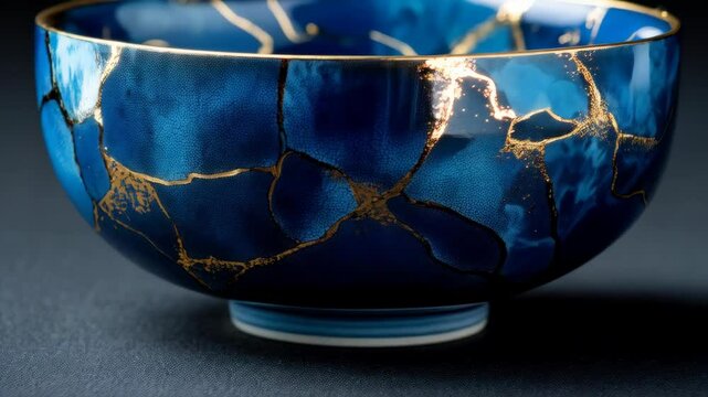 Close-up of a ceramic bowl with deep blue glaze and gold kintsugi repairs creating an abstract pattern on dark background.