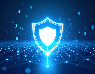 Fototapeta premium Digital glowing shield icon represents cybersecurity protection in futuristic network grid with binary code floating, symbolizing data security and digital defense technology