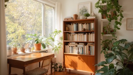 Fototapeta premium Bookshelf and houseplants in cozy interior setting