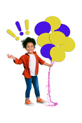 Vertical collage image of positive little girl hold empty space dialogue bubble balloons isolated on teal background