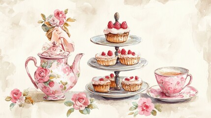 Fototapeta premium Watercolor illustration of British afternoon tea,tea break in the English style,tea set with Afternoon tea stand with macaroons and scone,cake,cup of tea,Tea time dessert table,vintage style.