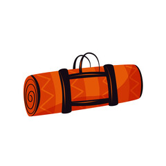 Orange blanket for outdoor recreation, picnic or camping. Rolled rug with handles. Isolated vector illustration on a white background.