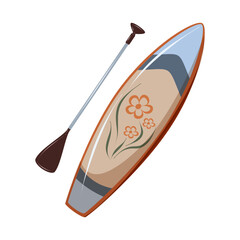 Inflatable SUP board with paddle for summer water recreation. Isolated vector illustration on white background.