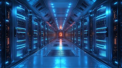 Obraz premium Futuristic Server Room Digital Data Center Corridor