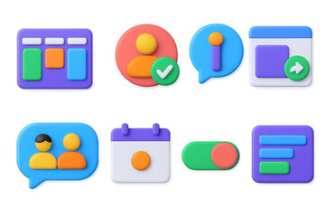 3D icon set of project management tools: Trello-style board icon, task assignment badge, milestone tracker bubble, file sharing screen, team comments tag, due date card, status update toggle, backlog