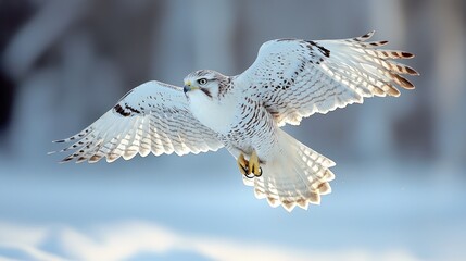 White falcon in flight, snowy landscape