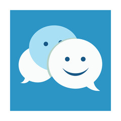 Smiling speech bubbles representing conversation and communication on a bright blue background