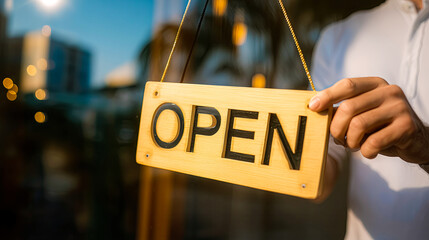 Close-up of a hand holding an open sign in front of a window,