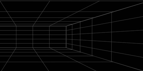 Naklejka premium Futuristic perspective grid box. Abstract wireframe with white grid line on black background. Virtual reality landscape in 80s 90s digital style eps 10