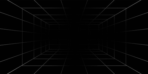 Futuristic perspective grid box. Abstract wireframe with white grid line on black background. Virtual reality landscape in 80s 90s digital style. Vector