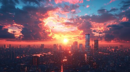 Fototapeta premium Sunset over a futuristic city skyline