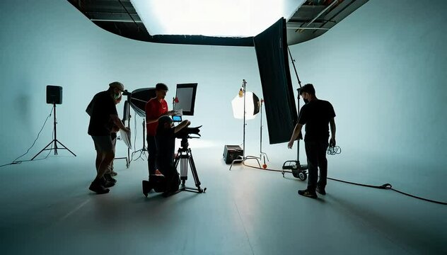 Film crew preparing equipment in a large white studio for a production shoot