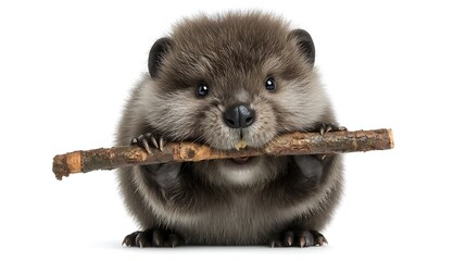 Obraz premium Adorable Baby Beaver Chewing Wood Stick.