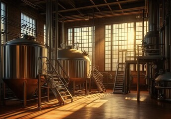 Brewery interior with stainless-steel fermentation tanks, arched windows, wooden floors, and a metal staircase.