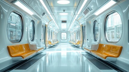 Obraz premium Modern, clean subway car interior with bright lighting and orange seating