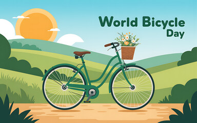 Naklejka premium Flat design celebrating World Bicycle Day with a green bicycle and a scenic nature background