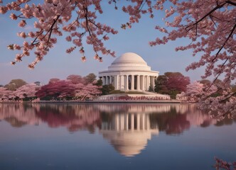 Obraz premium Jefferson Memorial reflected in Tidal Basin, cherry blossoms blooming, festival, travel, branches