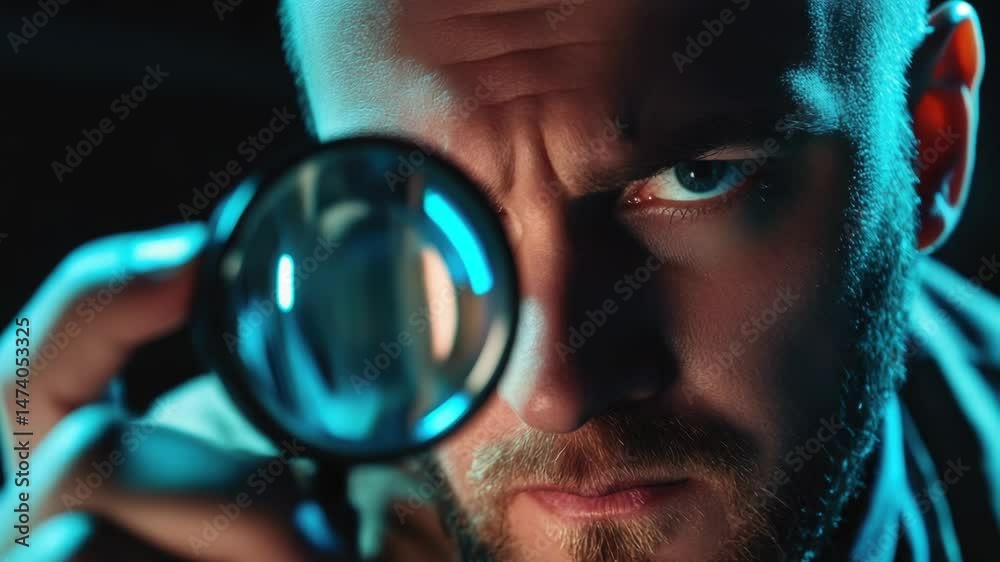 Poster A person scrutinizing an object or surface using a magnifying glass for closer inspection