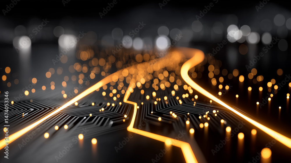 Wall mural glowing circuit board pathways: abstract image of a circuit board with glowing orange pathways, sugg