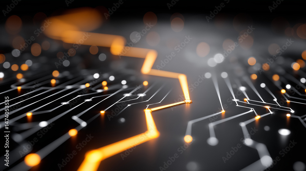 Wall mural circuit path: a close-up shot of an illuminated circuit board, showcasing the intricate network of p