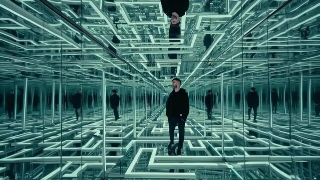 Woman pauses amid geometric glare, reflective labyrinth floors weave digital circuits, echoed silhouettes beckon deeper into reflective labyrinth riddle, mind untangles within reflective labyrinth