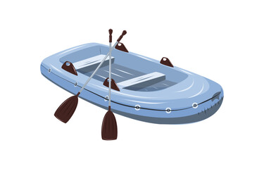Inflatable boat with paddle for water recreation and fishing. Water transport for rafting on rivers and lakes. Isolated vector illustration on white background.