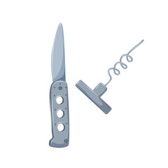 Folding travel knife and corkscrew. Camping equipment and utensils for cooking and opening drinks. Isolated vector illustration on white background.