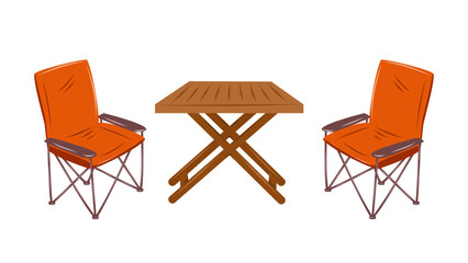 Folding wooden table and chairs. Camping furniture. Isolated vector illustration on white background.