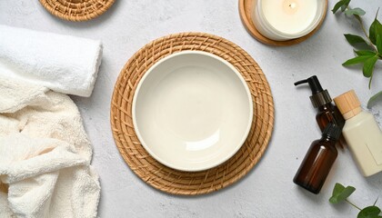 Relaxing dining experience simple bowl setup on natural placemat home interior aesthetic arrangement cozy atmosphere