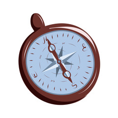 Vintage compass in metal frame. Travel equipment for indicating directions to the cardinal points. Isolated vector illustration.