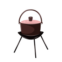 Pot on grill for cooking food outdoors. Camping equipment and utensils for summer recreation. Isolated vector illustration on white background.