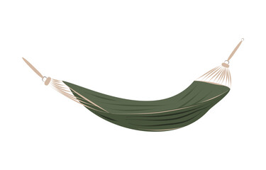 Green hammock for summer outdoor recreation, garden, park. Equipment for camping, glamping or picnic. Isolated vector illustration on white background.