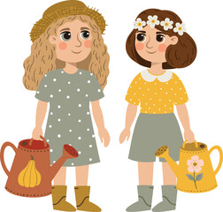 Cute little girl farmers in flat cartoon style. Smiling children in overalls and hats holding farm tools, isolated on white background. Vector illustration for kids, books, and games.