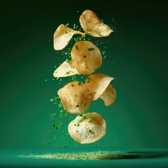 crispy potato chips crisps with onion sour cream flavour spice powder . aspect ratio 1:1