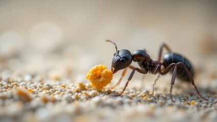 Close-Up View of a Worker Ant Gathering Food on Sandy Terrain in a Natural Setting