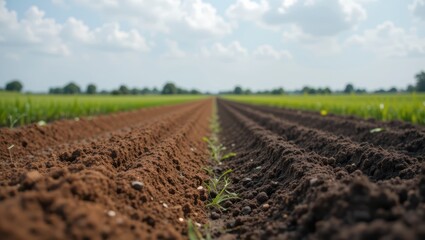 Close-Up View of Agricultural Field with Soil Rows and Young Plants Under a Wide Sky