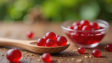Closeup of Bright Red Gelatin Sweets in a Wooden Spoon and Bowl with Natural Background