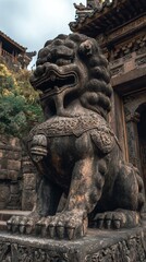 Obraz premium Stone lion statue guarding Chinese architecture