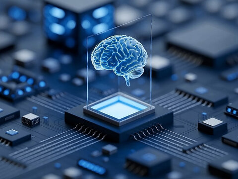 Artificial intelligence brain on circuit board emerging technology machine learning concept futuristic