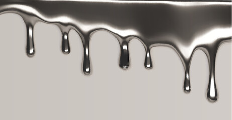 Liquid silver border isolated on background. Vector realistic illustration of molten chrome substance with glossy drops, metallic paint splash, smooth platinum, steel, aluminum frame with blobs